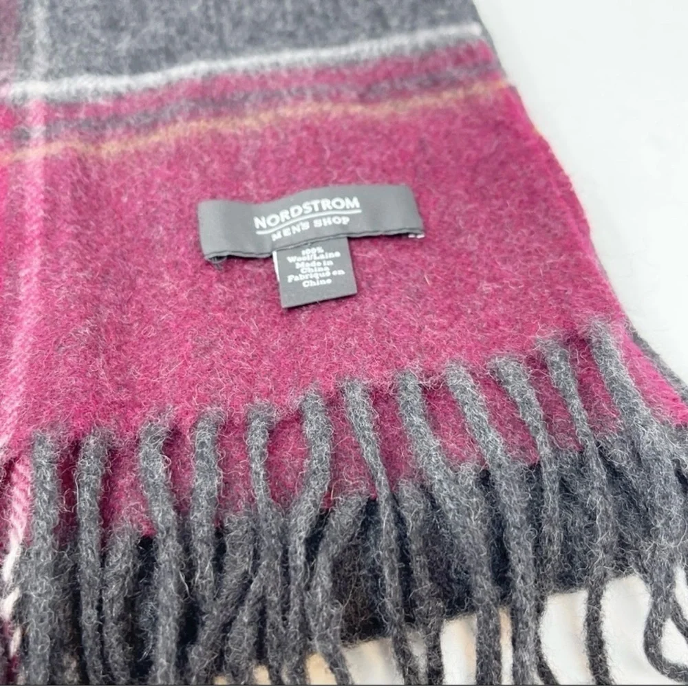 NORDSTROM Men’s Shop Charcoal Gray Maroon Plaid Soft Fringe Classic Scarf